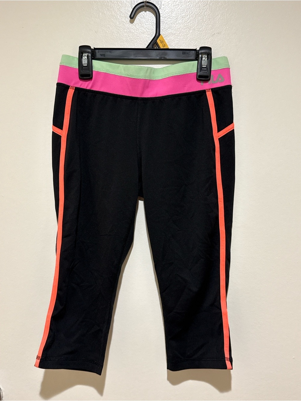 Fila Black Capri Leggings with Pink & Mint Waistband and Coral Piping